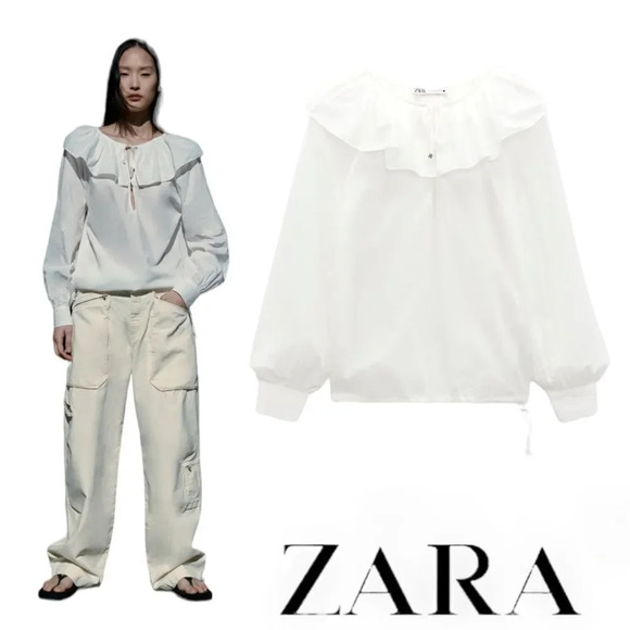 ZARA | White | TIED COTTON BLOUSE - Picture 1 of 9